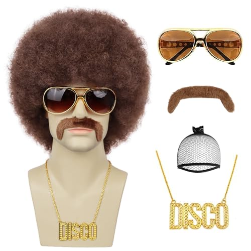 Yargel Hair Brown Afro Wigs for Men 70s Rocker Disco Party 5pcs Set (Wig+ Glasses+ Disco Necklace+ Mustache+ Wig Cap) Afro Puff Wigs for 70s 80s Halloween Costume Cosplay Party Use (Mix Brown Color)