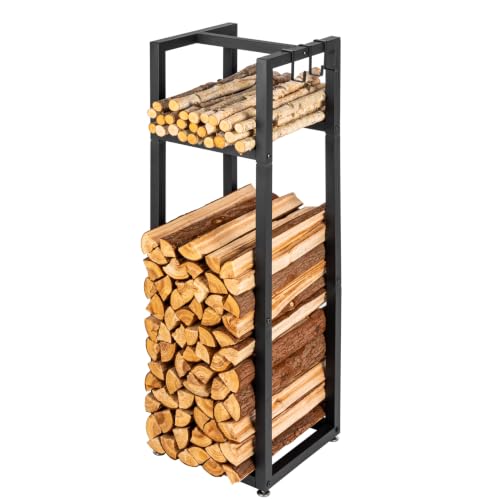 LUSHZOO 39.8in Firewood Rack Indoor Outdoor with Hooks - Heavy Duty Fireplace Log Holder with Adjustable Feet, Metal Fire Wood Storage Racks & Enclosed Frame Organizer for Patio Indoor Outdoor Deck