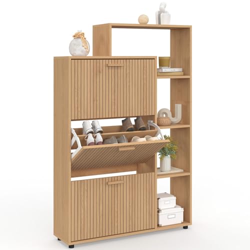 IDMarket - Meuble à Chaussures 18 Paires Juliette 3 Portes avec étagères Lattes tasseau Bois Coloris chêne