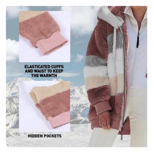 2024 New Contrasting Lamb Wool Padded Coat, Warm Plush Patchwork Zipper Pocket Hooded Loose Coat for Women3