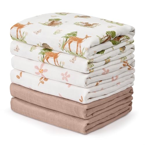 Image of GLLQUEN BABY Receiving Blanket Boy Cotton Muslin Swaddle Blankets Girl Newborn Squares Breathable & Soft Thin Baby Blankets Cloths Double Absorbent Infant Swaddling Wrap - 6 Pack (Deer & Soft Light)