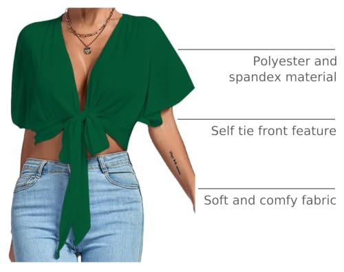 Image of LYANER Women's Sexy Deep V Neck Tie Front Wrap Cropped Blouse Bell Short Sleeve Ruffle Crop Tops