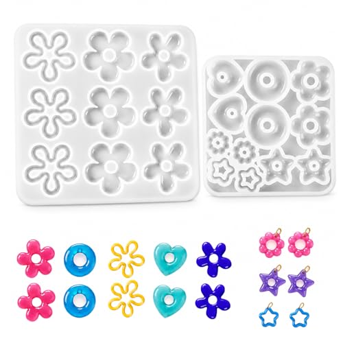 Huxiny Moule Resine Epoxy Bijoux, 2 pièces Moules Fleurs En Résine, Moule Resine, Moule Silicone Resine Epoxy, Résine Fleur Pendentif, Comprend des formes de fleur, de cœur, d'étoile et de cercle.