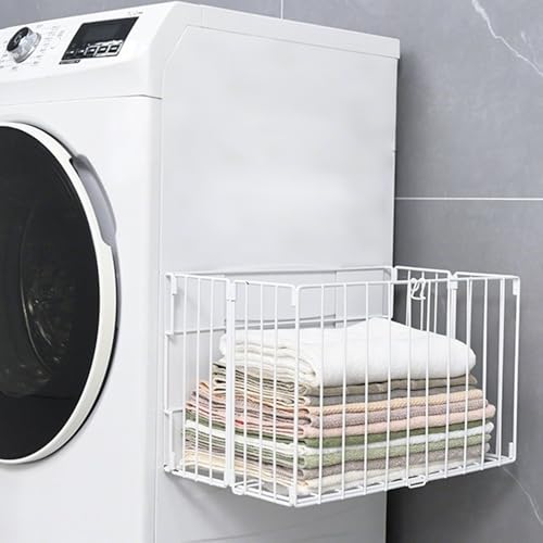 洗濯カゴ マグネット式 洗濯機横 折り畳み棚 ランドリーかご 収納かご シェルフバスケット 冷蔵庫横収納 キッチン 取り付け不要 省スペース 通気性 大容量 多機能 (ホワイト, Lサイズ)