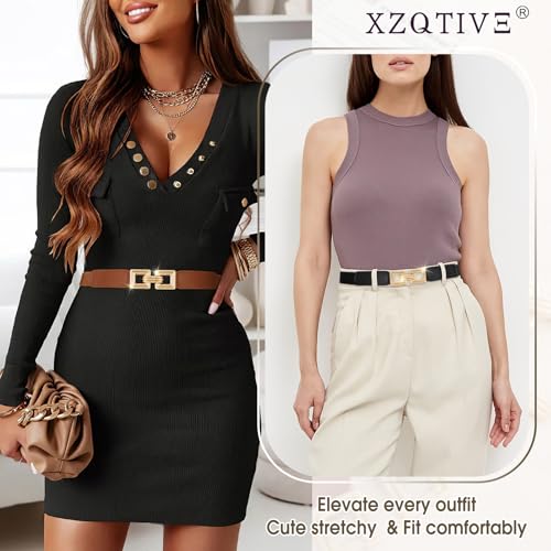 XZQTIVE 2 Pack Women Skinny Stretchy Cinch Belt for Dresses, Thin Elastic Belt Ladies Waist Belt with Retro Gold Buckle2