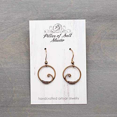 Pillar Of Salt Studio Handcrafted Solid Copper Earrings Wire Wrapped Hoops (Antiqued Copper, Small, 5/8" Drop) #TOP3