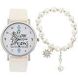 NIYANGLE Set Orologio da Polso e Bracciale per Ragazza, Orologio Leggero Regolabile Cinturino in Pelle Bianca e Bracciale in Metallo, Decorazione Elegante per Uso Quotidiano e Regalo Festa