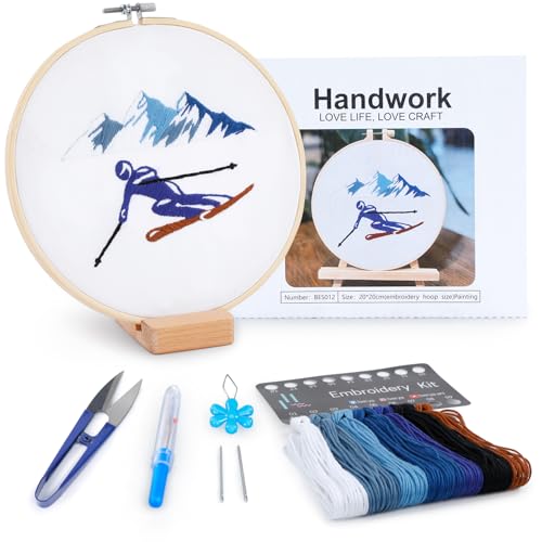 Image of Embroidery Kit for Adult Beginners,Skiers Snow Mountain Embroidery Kit with Step-by-Step Instructions & Video,Printed Cloth,7.87 inch Hoop,Display Stand,Color Threads and Tools for Craft Lover(BES012)