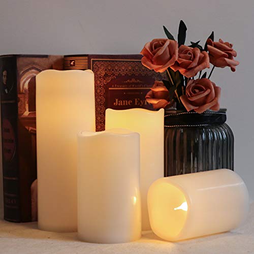 Image of Eldnacele Waterproof Flameless Flickering Candles with Remote and Timer, Battery Operated LED Pillar Candles Indoor Outdoor White Plastic Candle Pack of 4 Wedding Dinner Home Decor, D3 x H4 5 inch 6 inch 8 inch