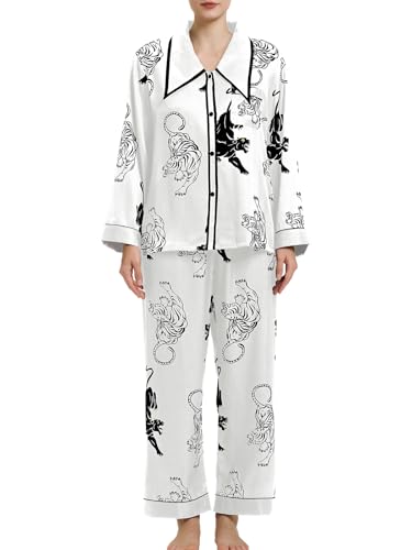 Husmeu Pyjamas for Women Soft Satin Tiger Print Silk Sleepwear for Women Long Sleeve Two Piece Button Down Sleepwear Loungewear White XL
