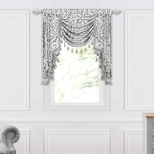 TOPLUXE Cenefa para Ventanas, Cenefa de Cascada Damasco con Borlas, Cortina Corta para Dormitorio, Salón, Cocina 1 Pieza (Ancho 100cm, Gris & Blanco)