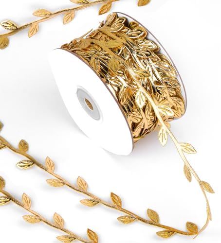 Amazon.com: 32.8 Yard Gold Leaf Ribbon Gold Leaves Decorations Gold ...