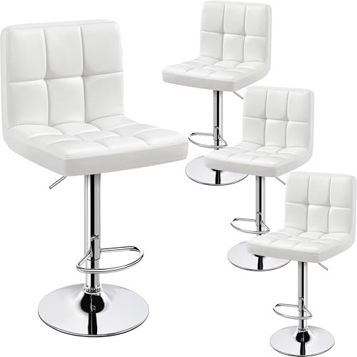 Image of Yaheetech Bar Stools Set of 4, PU Leather Adjustable Swivel Barstools, Modern Armless Bar Chairs with Bigger Base, Thickened Seat Cushion, Square Island Barstools for Kitchen Island, White
