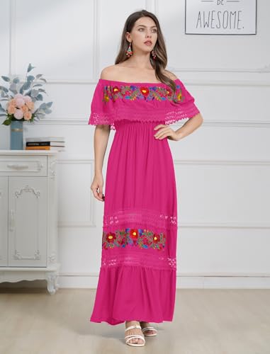 Image of ABEHIK Mexican Dress for Women Traditional Off Shoulder Embroidered Present Casual Lace Long Maxi Dress Cinco de Mayo Outfit