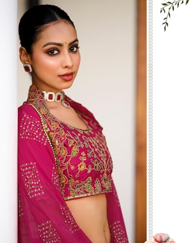 Image of SIRIL Women's Bandhani Printed Georgette Sequence Lace Scalloped Border Saree with Unstitched Blouse Piece