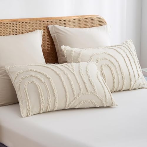 Image of Boho Tufted Comforter Queen Size Beige Geometric Tufted Comforter Set Bohemian Arch Tufted Bed Set 3 Pieces Shabby Chic Embroidery Soft Jacquard Bedding for All Seasons with 2 Pillowshams