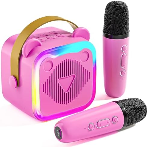 Mini Karaoke Machine for Kids: Portable Singing Toys Speaker with 2 Wireless Microphones for Girls and Boys Ages 3-12+ Years Old(Rose-red)