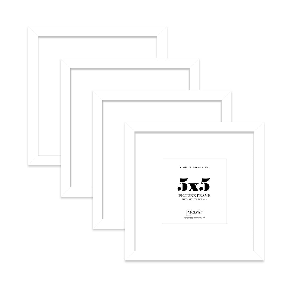 5x5 White Picture Frame with Mount for 3x3 Photos, Prints - Modern Square Wall Frame, Set of 4