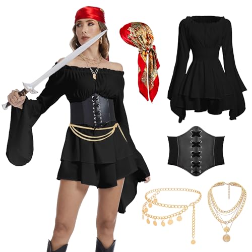 AJGEGJE Piratenkostüm Damen Set, Mittelalter Piraten Off Shoulder Kleid mit Korsett, Kopftuch, Piratenhalskette, Waist Chain für Karneval Partys und...