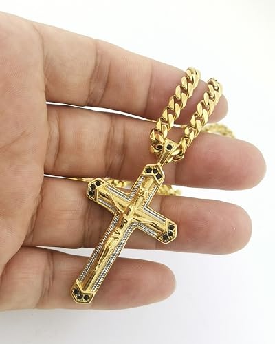 Generic Men's Crucifix Cross Pendant with 18K Gold Cuban Chain Jesus Necklace in 24 Inches, Gold/Silver Two tones2