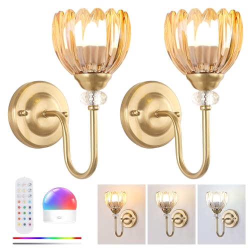 Image of Set of 2 Vintage Battery Operated Wall Sconce, Rechargeable Wall Lamp with 5000mAh Battery & Remote Control, Dimmable Wall Lights with tulip shade for Bedroom Bathroom Living Room, (Tulip Amber Up)