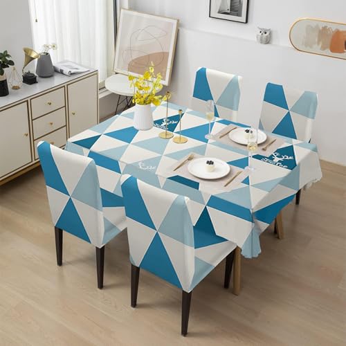 Image of Amazon Basics Dining Table Cover with 6 Chair Covers|Table Cover: 100% Polyester Woven Fabric 140 GSM, 220Cm X 140Cm|Chair Cover: 95% Polyester & 5% Spandex 110 GSM, 50Cm X 40Cm|Sky Blue, Rectangular