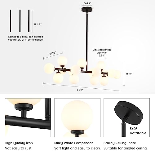 Crossio Modern Linear Chandelier Black Hanging Pendant Light With Milky White Glass Globe Lampshade Mid Century Sputnik Pendant Light Fixture For Kitchen Island Dining Room 16 Lights #TOP4