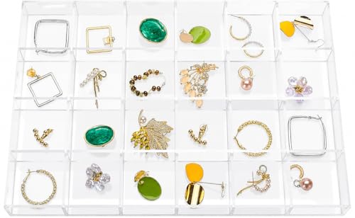 Large Clear Jewelry Organizer Display Tray, Storage Case for Rings, Earrings, Necklaces, Acrylic Drawer Organizer Trays (24 Grids)