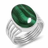 Jeweloporium Ring mit grünem Malachit und Silberauflage, Größe 58 (18,5), 925er Silberring für Damen, echter, massiver ovaler Edelstein, Boho-Schmuck