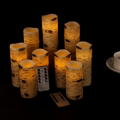 antizer Flameless Candles Birch Bark Effect Battery Operated Candles 4" 5" 6" 7" 8" 9" Set of 9 Real Wax Pillar LED Candles Each Candle 2.2" Diameter with 10-Key Remote Control 2/4/6/8 Hours Timer - Thumbnail 4