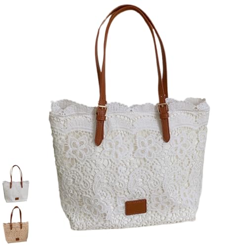 Vintage Lace Shoulder Bag for Women, Vintage Boho Lace Purse, Crochet Kiss Lock Aesthetic Cute Large Tote Purses (White) [���s�A���i]