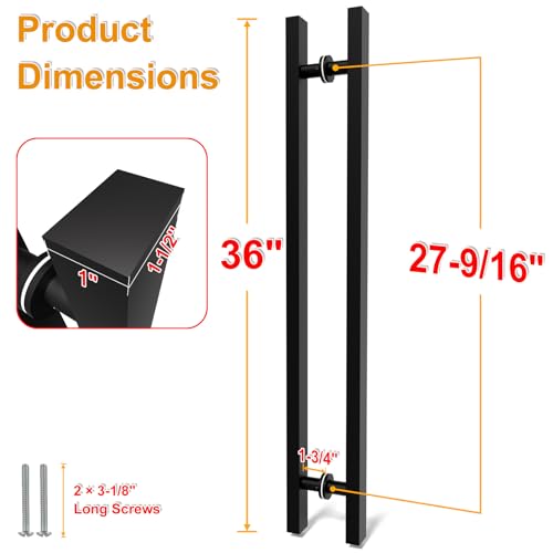Image of 36 inch Matte Black Square Barn Door Pull Handle Double Sided | Heavy Duty 304 Stainless Steel, 27-9 /16 inch Hole Spacing, Fits 3 /4 inch-2 inch Thick Barn, Front Entry, Sliding & Exterior Doors