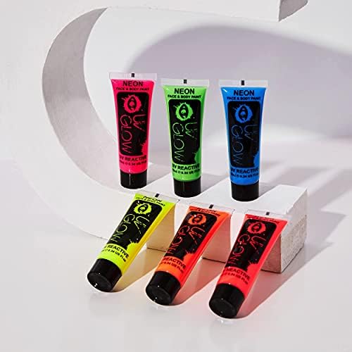 UV Glow Neon Face and Body Paint Set of 6 Tubes - Fluorescent - Brightest glow under UV!