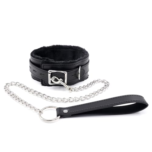 Image of Fur-lined Black Leather Bondage Collar and Leash Set, Leather Bondage Toys Sex Collar with Chain Leash for SM Games