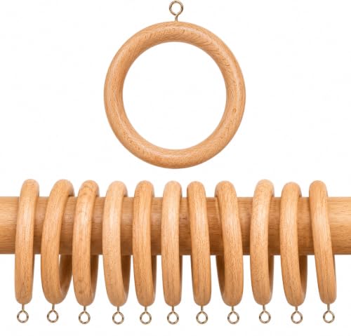 Wooden Curtain Rings Set of 12, 2.5 Inch Natural Beech Wood Curtain Rod Rings with Eyelets, Smooth Gliding Drapery Rings for Curtains