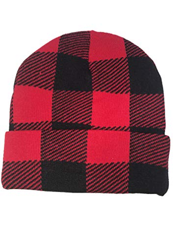 Red Black Buffalo Plaid Flannel Look Cuffed Long Winter Watch Stocking Cap Hat