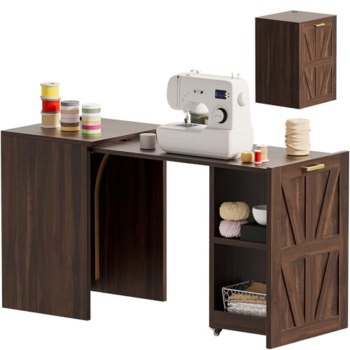 Folding Sewing & Nail Table with Storage (Walnut)