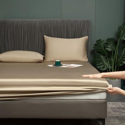 Sábana bajera ajustable de bambú, 200 x 200 cm, color marrón, antibacteriana, suave, refrescante, 50% bambú y microfibra, sábana bajera ajustable, juego de cama doble, toalla de lino lisa para colchón