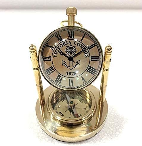 Vintage Nautical Desk Clock with Compass, Brass and Glass Construction, 4x2.5 Inches, Gold