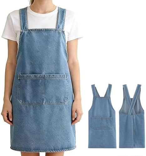 CCJHLYX Adult Jour Apron, Lightweight Cotton Apron with Front Pocket, Denim Cross Back Aprons, Durable & Stain-Resistant (Light Blue)