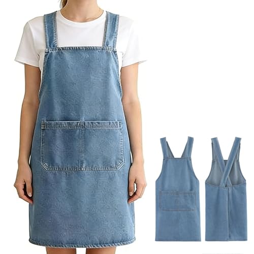 Cross Back Denim Apron for Women with Front Pockets