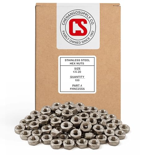 Chenango Supply 1/4-20 Stainless Steel Hex Nuts – 304 Stainless, USS Coarse Thread, Corrosion-Resistant Fastening Nuts, 100 Pieces (1/4 Hex Nuts)