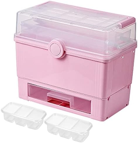 Large 3-Layers Storage Box with Drawer,Handled Portable Folding Organizer as a Gift for Kids for Arts, Crafts&Sewing Supplies,Plastic Tool/Medicine Box with Drawer-PINIK