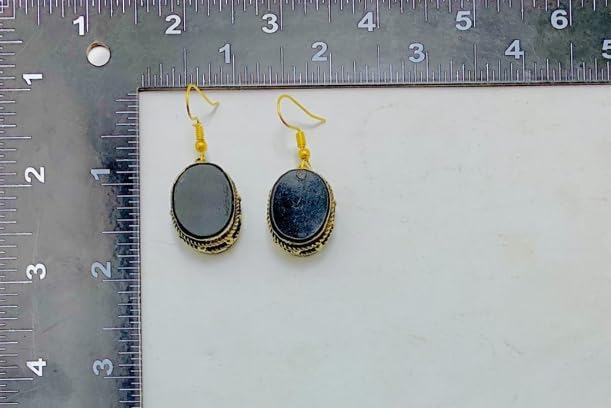 Black Stone Oval Shape Drop Dangle Hook Earrings, Ethnic Earrings, Light Weight Earrings