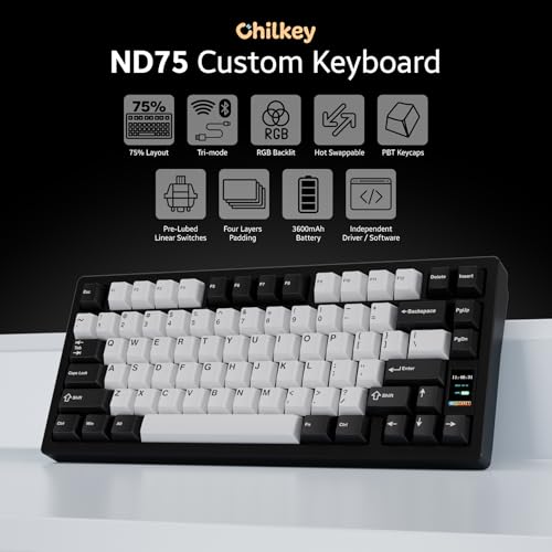 Image of Chilkey ND75 Aluminum Keyboard 75% Percent Wireless Gaming Mechanical Keyboard with LCD Screen, Quick Assembly, BT /2.4G /USB-C, Hot Swappable Per-key RGB Custom Black Keyboard for Windows, MacOS