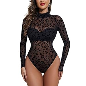 Women’s Turtleneck Bodysuit Sheer Mesh Shirt Tops Stretchy Mesh Fitted Shirt Top
