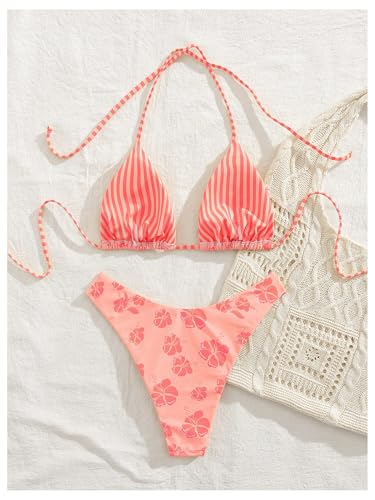 MakeMeChic Women's Polka Dots Triangle Thong Bikini Sets Floral Cute Bathing Suit Swimsuits Orange Pink X-Small