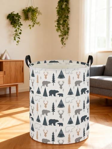 Image of ESSME Kids Laundry Basket,Bear Hamper Collapsible Canvas Waterproof Storage Bin forBoys, Woodland Hamper,Gift Baskets(Bear)