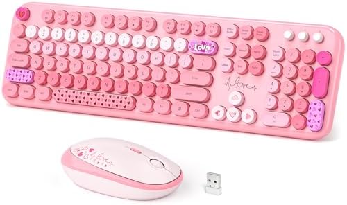Wireless Keyboard and Mouse, Typewriter Full Size Keyboard with Number Pad and 2 in 1 USB Connected Mouse for Windows 7/8/10, Laptop, Desktop, PC, Computer (Pink Colorful)