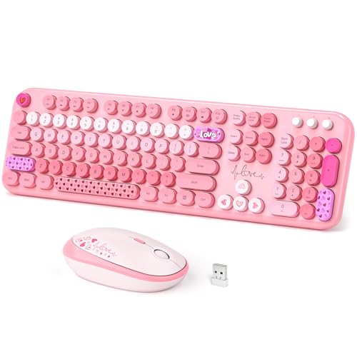 Image of Dilter Wireless Keyboard and Mouse, Typewriter Full Size Keyboard with Number Pad and 2 in 1 USB Connected Mouse for Windows 7 /8 /10, Laptop, Desktop, PC, Computer (Pink Colorful)